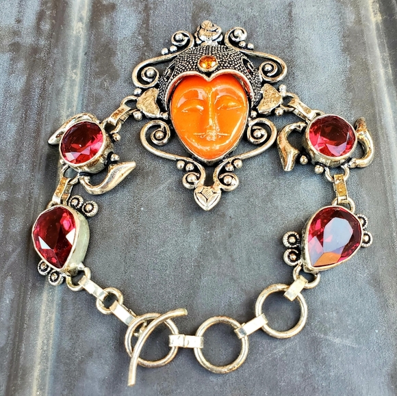 New Carved Goddess Face Multi Gemstone 925 Silver Bracelet. - Picture 6 of 15